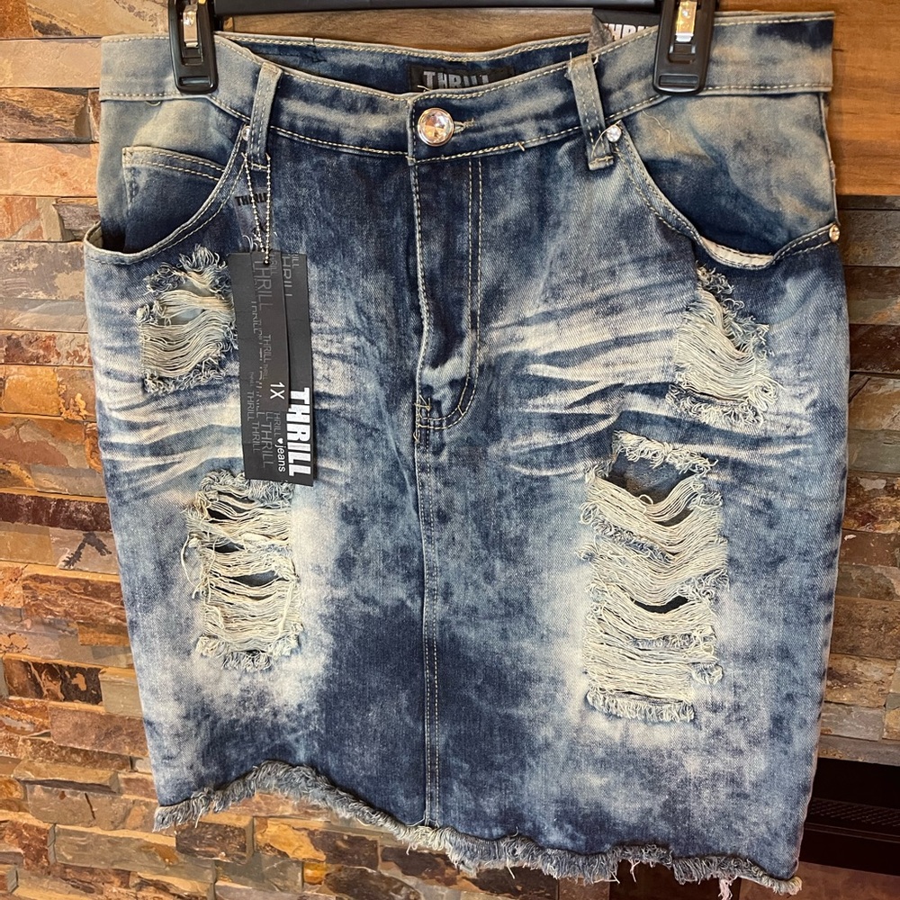Distress Blue Jean Ripped Mini Skirt